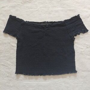 Kendall & Kylie Smocked Black‎ XS Crop Top Short Sleeve Off Shoulder Lettuce Hem